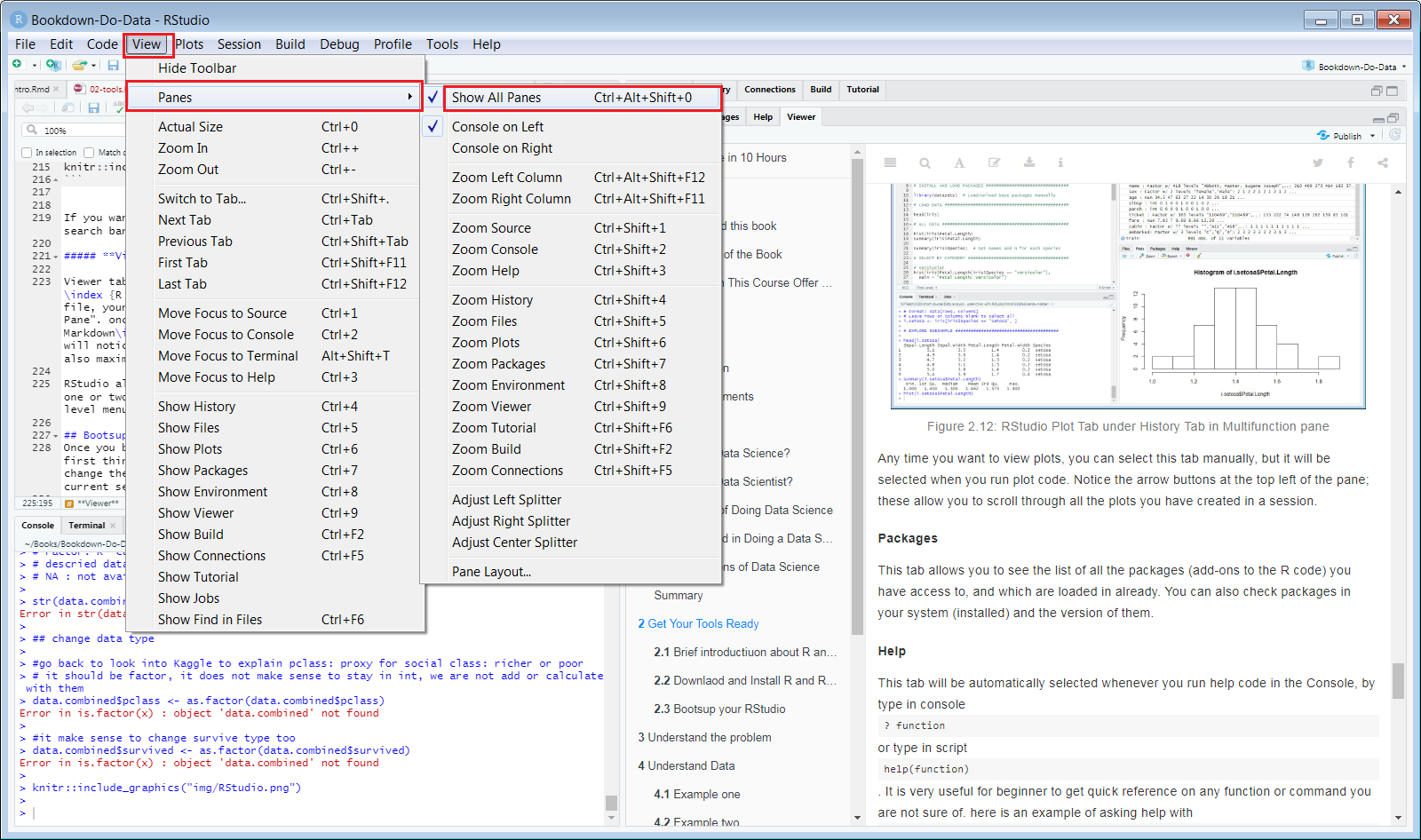 RStudio Pane change under the top level memu View